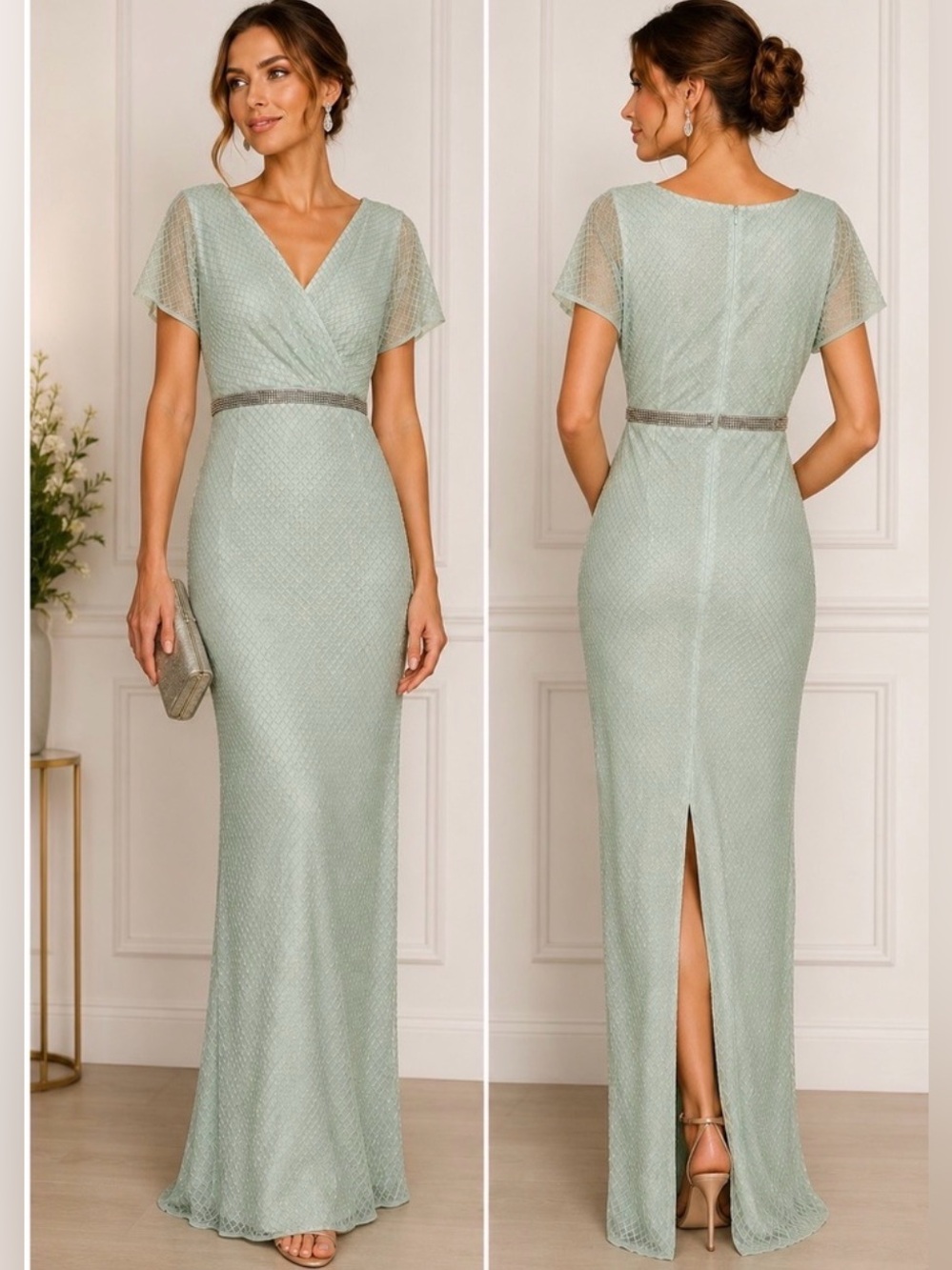 Mac Duggal 93994 Sage Green Column Gown with Cap Flutter Sleeve. Sz 18 NWT